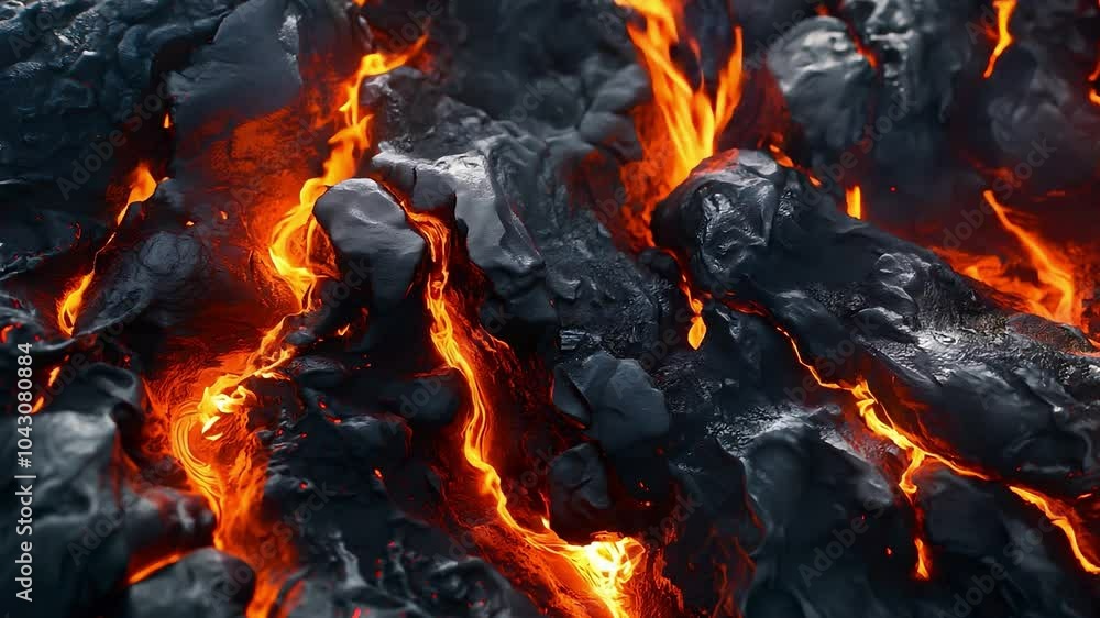 Close up a volcanic area, Jagged rocks and flowing lava streams Close up a volcanic area, Jagged rocks and flowing lava streams