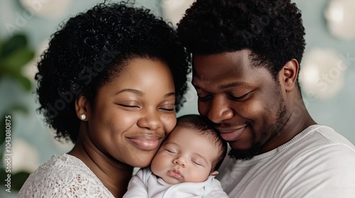 A joyful couple holds their sleeping baby, radiating love and warmth against a soft, floral background.