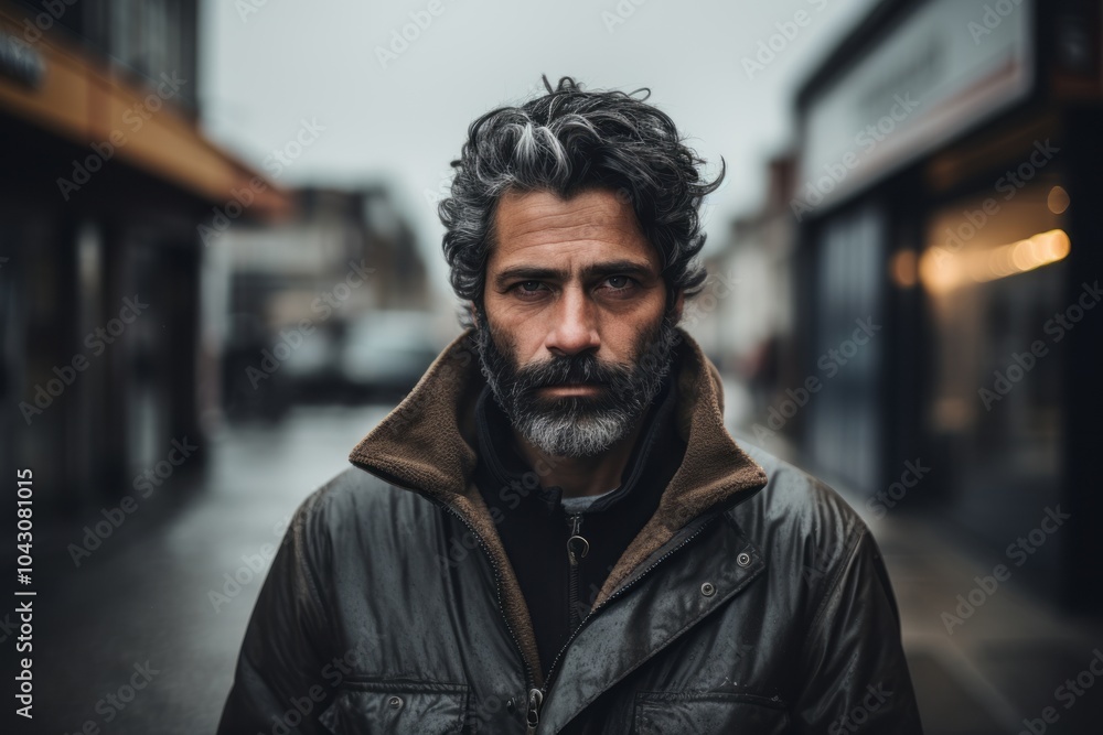 Portrait of a bearded man in a city street looking at camera Portrait of a bearded man in a city street looking at camera