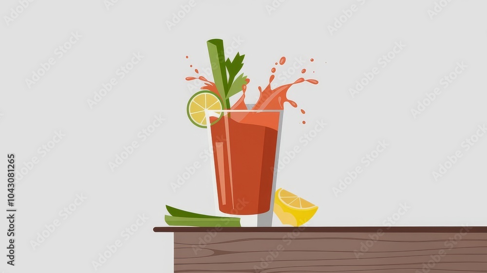 Bloody Mary cocktail with celery, lime, and lemon splashing from a glass on a wooden table Bloody Mary cocktail with celery, lime, and lemon splashing from a glass on a wooden table