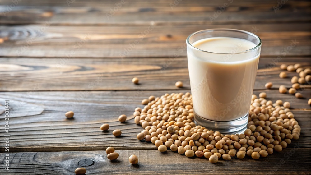 Glass of soy milk on white and oak background with coffee beans Glass of soy milk on white and oak background with coffee beans