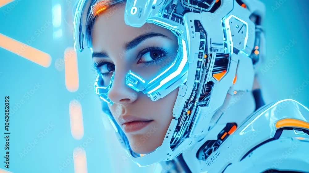 A close-up of a futuristic woman with glowing blue eyes, wearing advanced tech gear, surrounded by digital holographic effects and particles. A close-up of a futuristic woman with glowing blue eyes, wearing advanced tech gear, surrounded by digital holographic effects and particles.