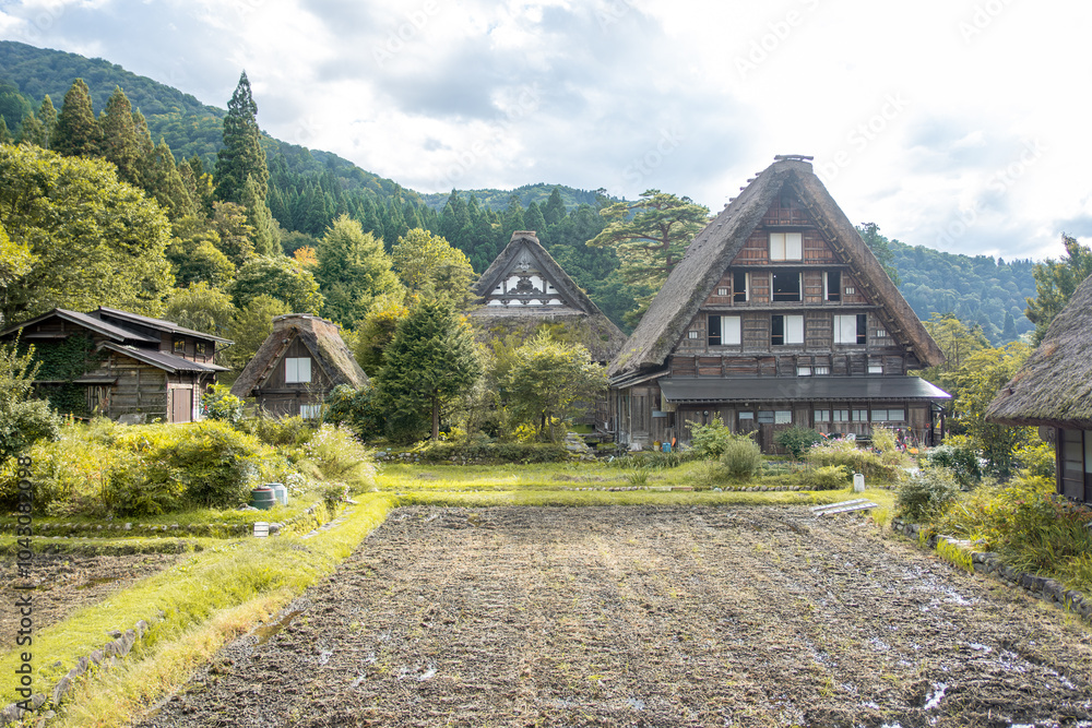 Shirakawa village, Gifu, Japan. A serene landscape featuring traditional thatched-roof houses surrounded by lush greenery and mountains Shirakawa village, Gifu, Japan. A serene landscape featuring traditional thatched-roof houses surrounded by lush greenery and mountains