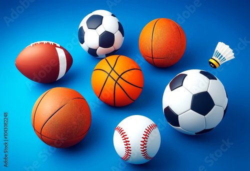 Showcase a 3D render of various sports balls arranged in a grid pattern on a gradient blue backgroun