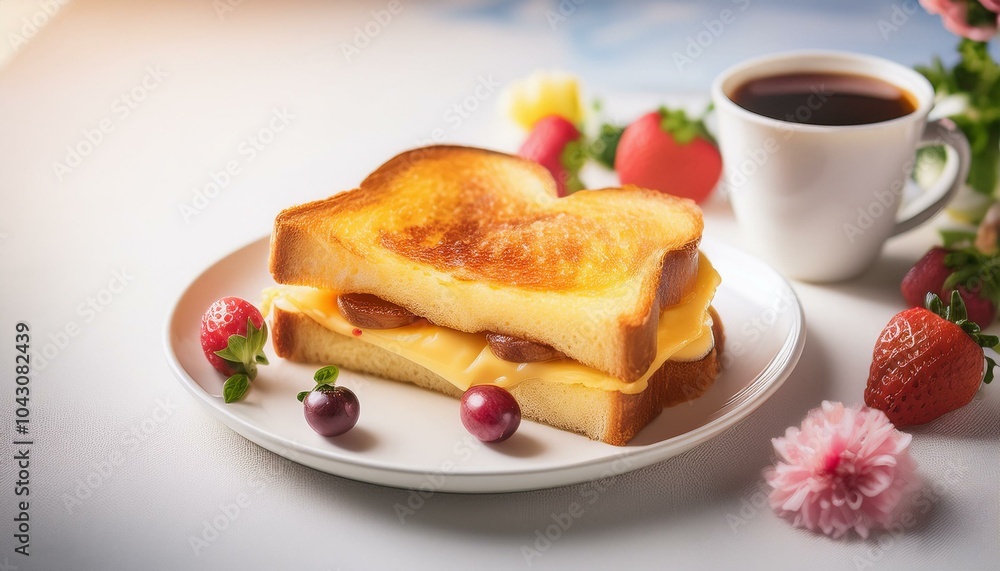 A Monte Cristo Sandwich on white plate small berries surrounds A Monte Cristo Sandwich on white plate small berries surrounds
