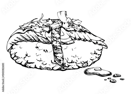 Traditional Japanese food, nigiri sushi with raw fish unagi saba mackerel with nori sesame, soy sauce drops, hand drawn in vector pen, ink. Illustration for restaurant, cafe menu, kitchen, recipe book