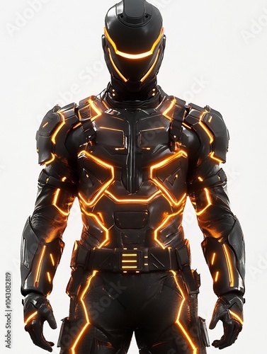 Gaming character man in a futuristic armor suit with muscular upper body on a white background.
