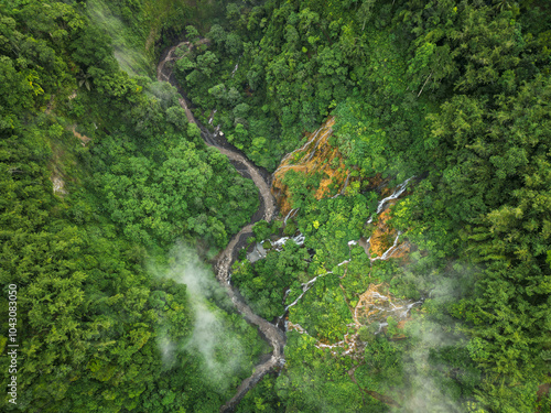Aerial view of a magnificent waterfall in a lush forest