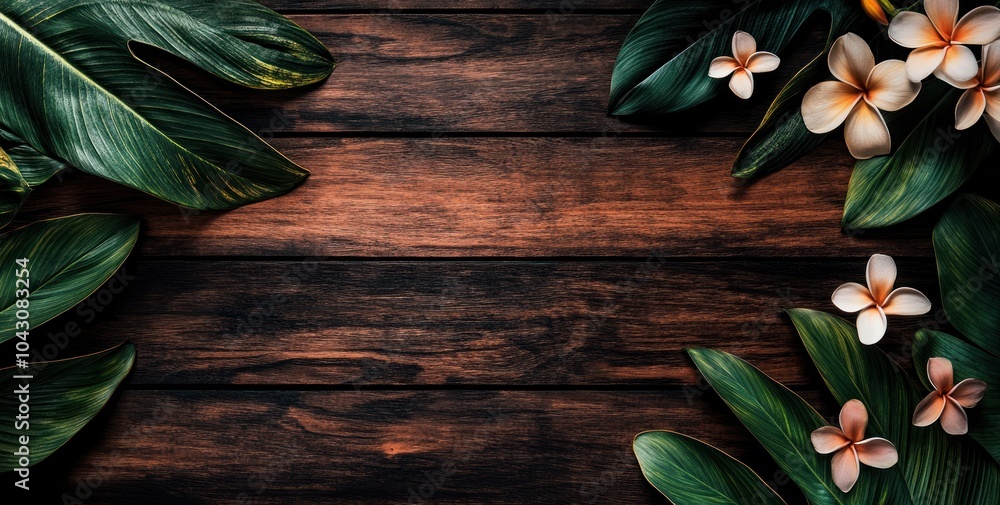 A serene wooden background adorned with tropical leaves and flowers. A serene wooden background adorned with tropical leaves and flowers.
