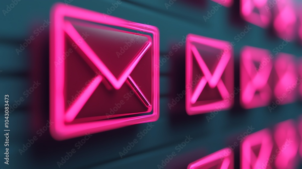 Neon email icons on a dark background. The vibrant pink color highlights the modern digital communication theme. Neon email icons on a dark background. The vibrant pink color highlights the modern digital communication theme.