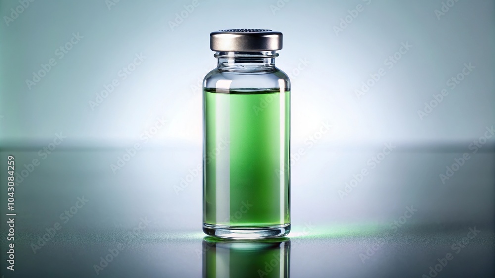 Glass vial with green liquid and metal cap reflected on surface Glass vial with green liquid and metal cap reflected on surface