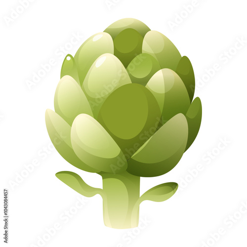 Vector illustration of green artichoke on white background. Green fresh vegetable, herbs, healthy organic food, vegetarianism. French artichoke, autumn harvest, ingredient for healthy eating dish.