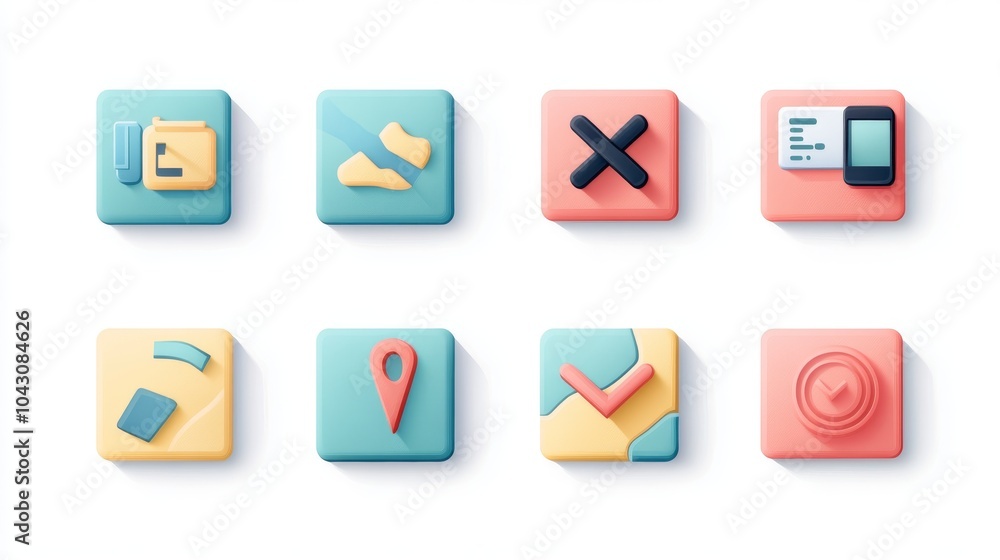 digital cartography icons, soft color palette, stylized map representations, search and pin drop concepts, paper map with x mark, smartphone navigation, professional vector graphics for ui design digital cartography icons, soft color palette, stylized map representations, search and pin drop concepts, paper map with x mark, smartphone navigation, professional vector graphics for ui design