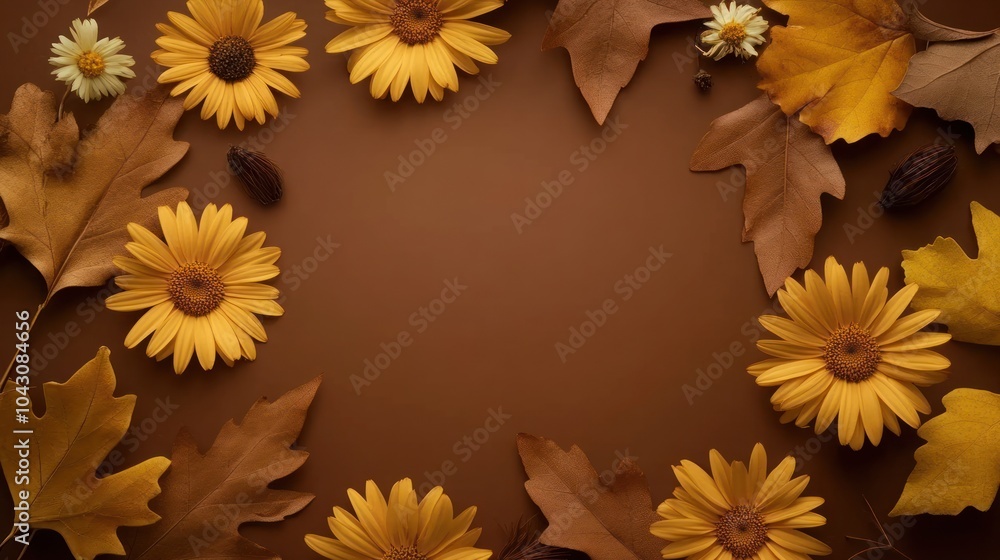 Obraz premium A serene arrangement of yellow flowers and autumn leaves on a brown background.