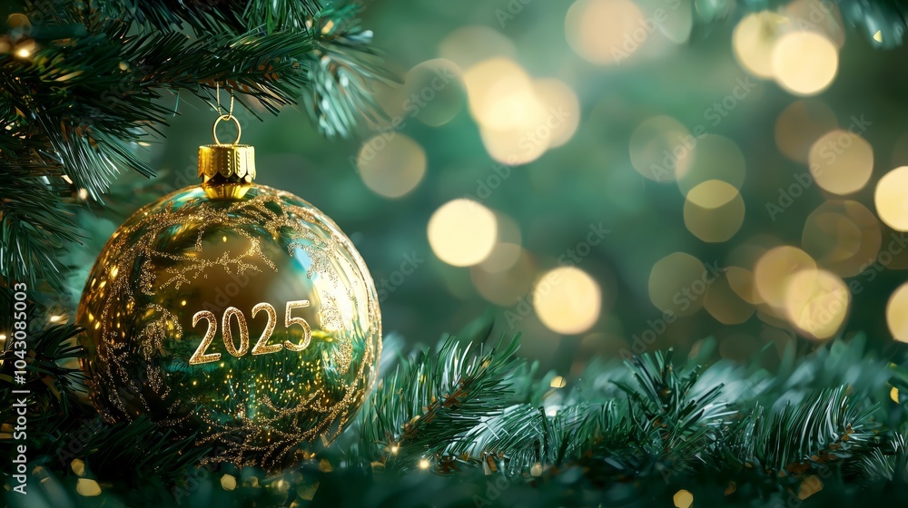 cinematic luxury golden bauble with 2025 written on it on a green background cinematic luxury golden bauble with 2025 written on it on a green background