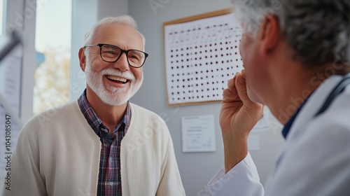 Elderly man reading lips of smiling doctor, medical office setting, hearing test chart on wall, medium shot photo