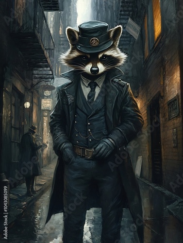 Male raccoon in a detective outfit on a mysterious alleyway background.