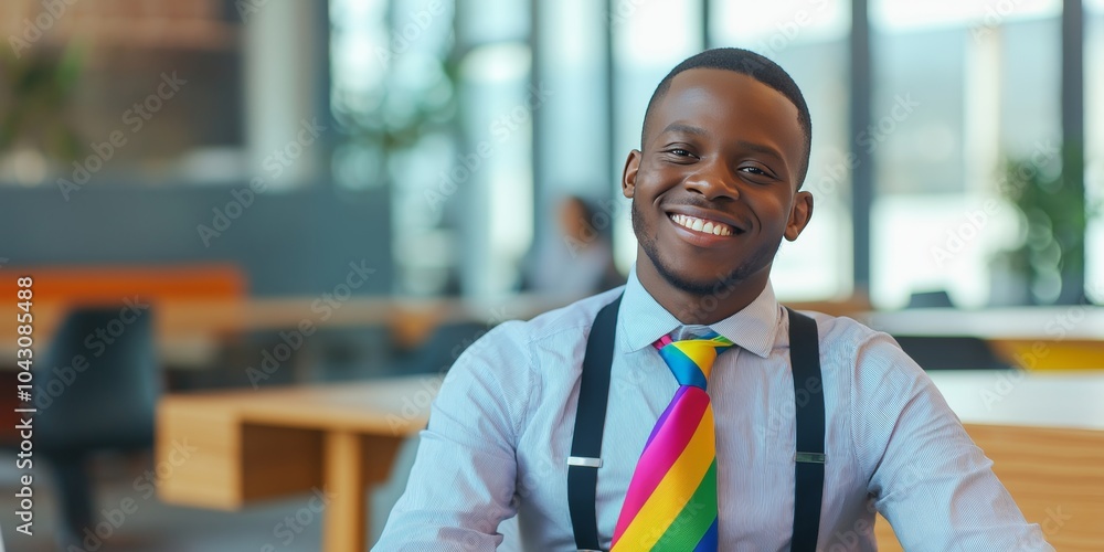 Obraz premium Confident man in rainbow tie smiling in modern office with natural light upper body shot