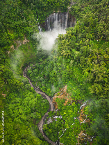 Aerial view of a waterfall in a lush green forest
