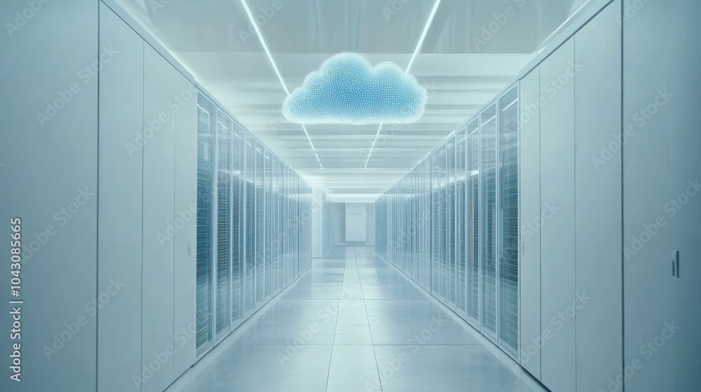 Obraz premium Cloud Computing Server Room: Modern Data Center Infrastructure