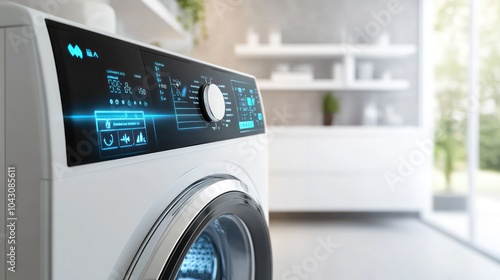 A modern washing machine with a digital display in a bright, stylish laundry room. photo