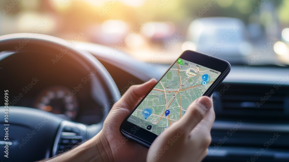 contemporary travel technology, handheld gps device in car setting, detailed view of map application interface, fingers holding smartphone, blurred steering wheel and windshield, candid lifestyle shot contemporary travel technology, handheld gps device in car setting, detailed view of map application interface, fingers holding smartphone, blurred steering wheel and windshield, candid lifestyle shot