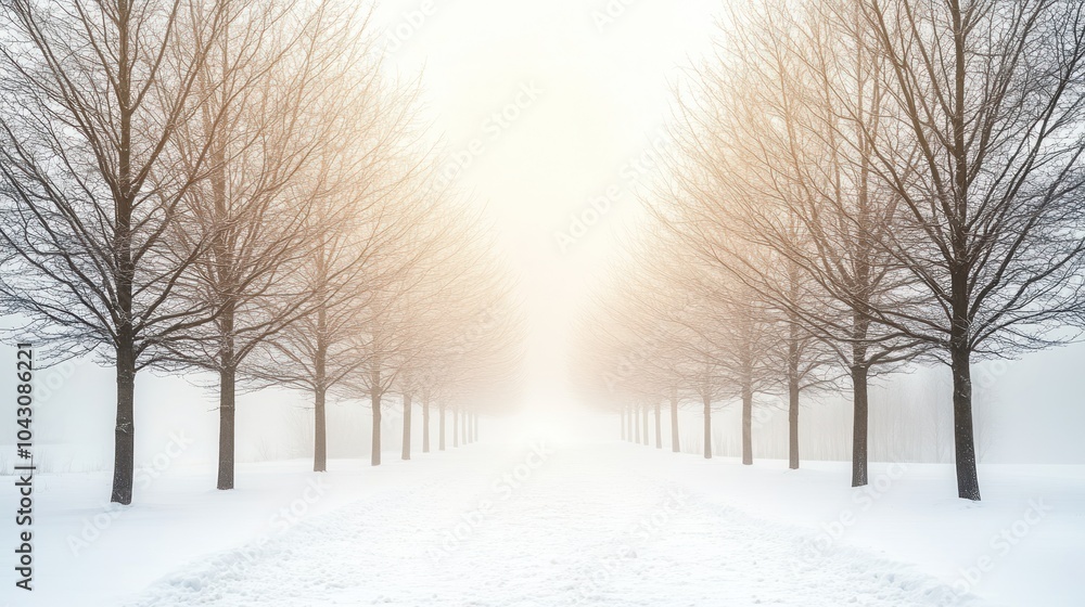 A serene winter landscape with bare trees lining a snowy path under a foggy sky. A serene winter landscape with bare trees lining a snowy path under a foggy sky.