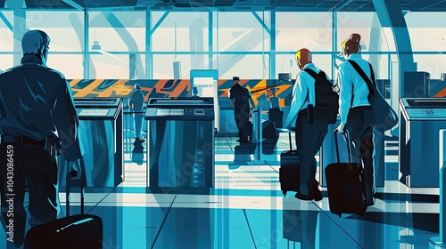 Passengers going through airport security with luggage. Travel, security checkpoint, boarding procedures, airport operations, and passenger screening