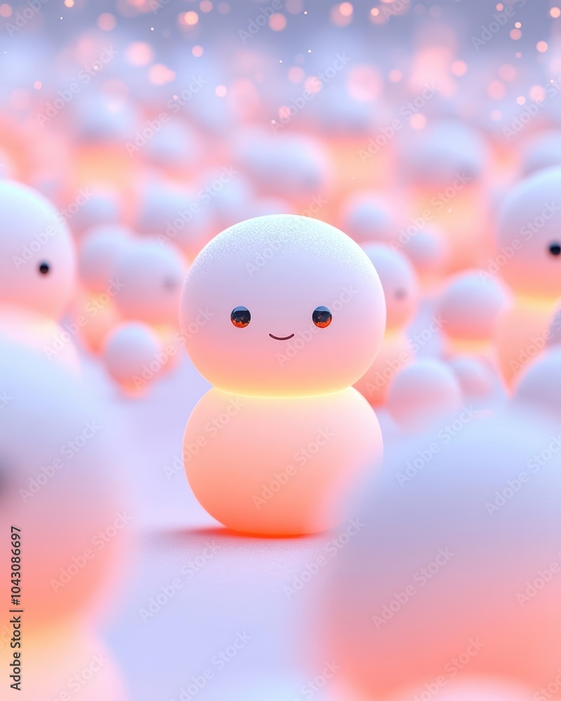 Cute glowing characters in a dreamy landscape, soft lights and smiling faces Cute glowing characters in a dreamy landscape, soft lights and smiling faces