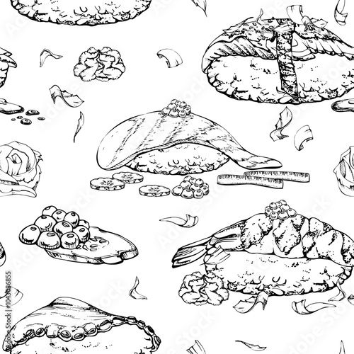 Traditional Japanese food, nigiri sushi raw fish, tamagoyaki tako octopus, tuna salmon unagi shrimp, hand drawn in vector pen, ink. Seamless pattern for restaurant, cafe menu, kitchen, recipe book
