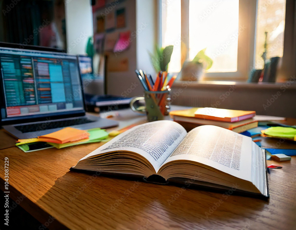 Open pages of a book, and a computer with academic graphs during a school research session focused on learning and knowledge for International Education Day. Open pages of a book, and a computer with academic graphs during a school research session focused on learning and knowledge for International Education Day.