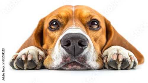 A close-up of a beagle resting its head on its paws with an expressive gaze.