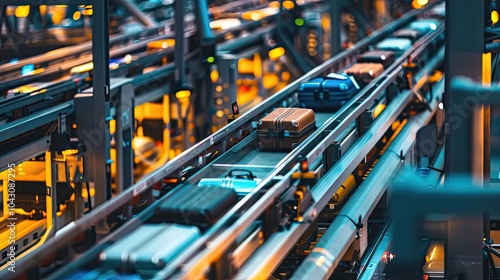Luggage on a conveyor belt in an airport baggage handling area. Industrial logistics, airport operations, travel, and automated sorting systems.