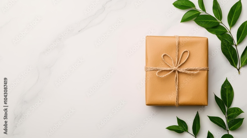 Gift box with ribbon and green leaves on marble background. Gift box with ribbon and green leaves on marble background.