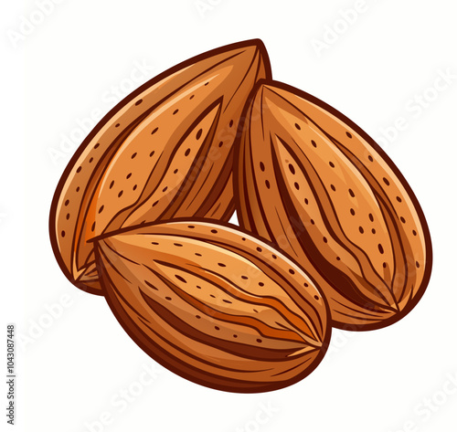 Vector illustration of three almonds, focusing on their detailed texture in a cartoon flat style. Delicious raw vegan healthy food outline and almond icons.