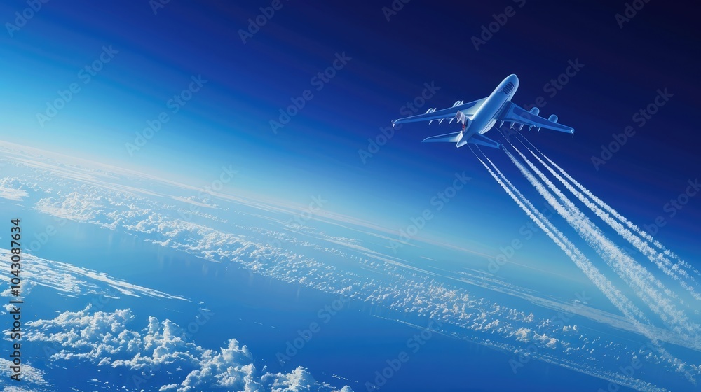 Obraz premium Commercial airplane flying through the clouds at sunset. Aviation, travel, air transport, and sky travel