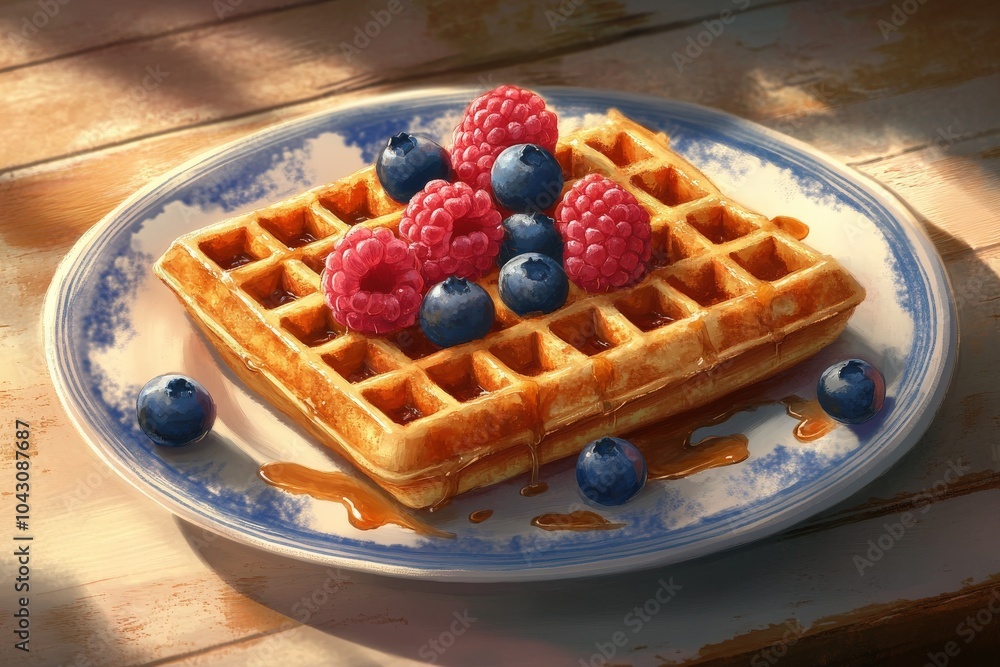 Belgium Waffles with Ice Cream and Sweet Berries on Plate Belgium Waffles with Ice Cream and Sweet Berries on Plate