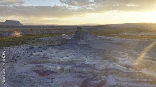 Aerial view of Hanksville's rugged landscape at sunset