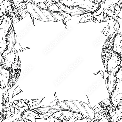 Traditional Japanese food, nigiri sushi with raw fish tuna salmon unagi shrimp, tamagoyaki tako octopus, hand drawn in vector pen, ink. Square border frame. Restaurant, cafe menu, kitchen, recipe book