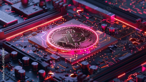 A large crypto coin resting on a motherboard, surrounded by electronic components and circuits, with neon lights highlighting the coina??s edges. photo