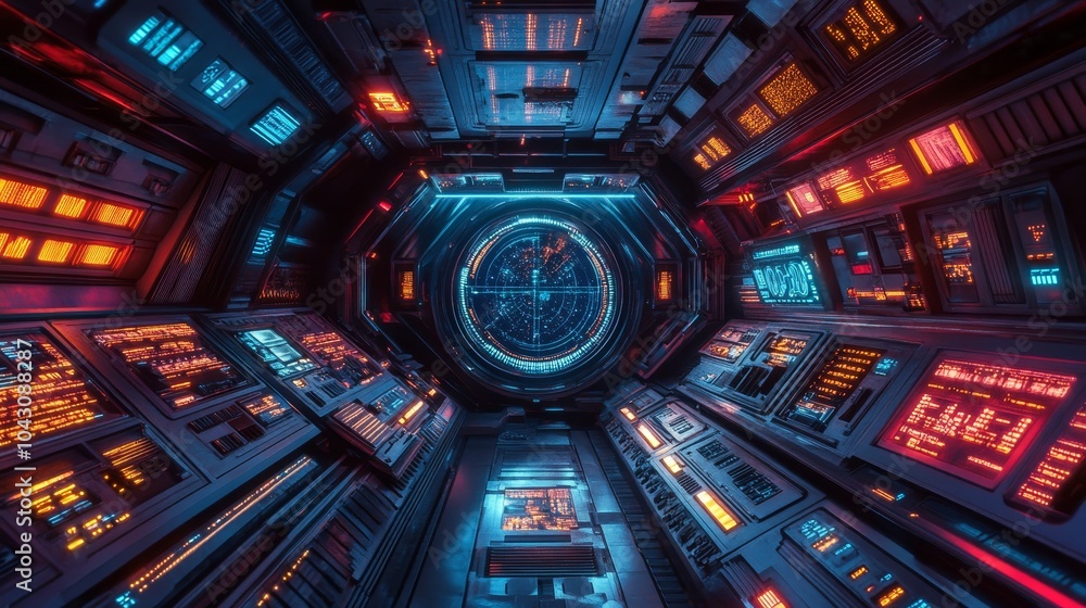 Futuristic spaceship interior with high-tech control panels and a central radar display in neon blue and red lighting Futuristic spaceship interior with high-tech control panels and a central radar display in neon blue and red lighting