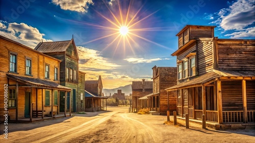 Wild West Town at High Noon - Dusty Streets, Classic Saloon, Western Architecture, Cowboy Culture, Old West Landscape, Rustic Charm, Desert Sunlight, Historic Town Vibes, Western Frontier