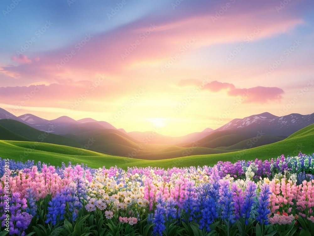 Obraz premium A vibrant landscape featuring colorful flowers under a stunning sunset, with mountains in the background showcasing serene beauty.