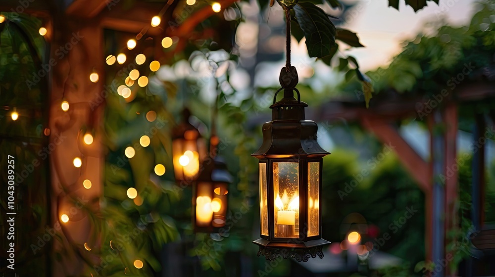Outdoor patio decorated with string lights and lanterns for a cozy evening ambiance. Lighting, decor, and outdoor living. Outdoor patio decorated with string lights and lanterns for a cozy evening ambiance. Lighting, decor, and outdoor living.