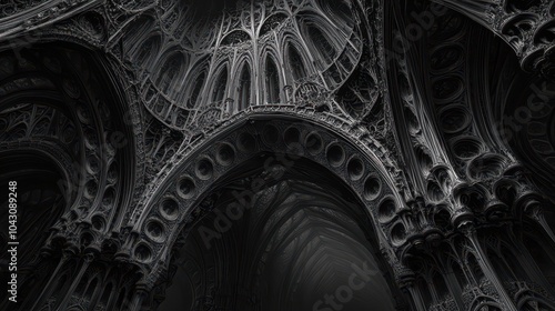 A dark fractal design inspired by gothic architecture, with intricate details and shadowy hues creating depth. 