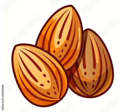 Vector illustration of three almonds, focusing on their detailed texture in a cartoon flat style. Delicious raw vegan healthy food outline and almond icons.