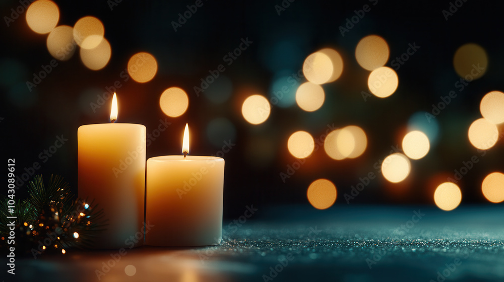 Warm and serene, this features glowing candles in row, creating cozy atmosphere with soft bokeh lights in background. Perfect for evoking sense of calm and tranquility Warm and serene, this features glowing candles in row, creating cozy atmosphere with soft bokeh lights in background. Perfect for evoking sense of calm and tranquility