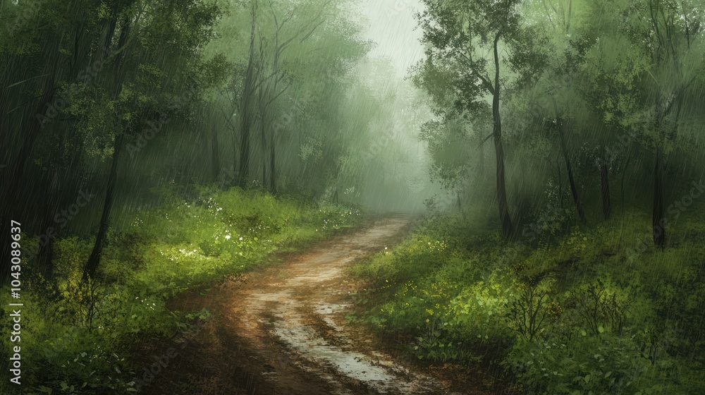 Naklejka premium A serene forest path surrounded by lush greenery and mist, inviting exploration and tranquility.