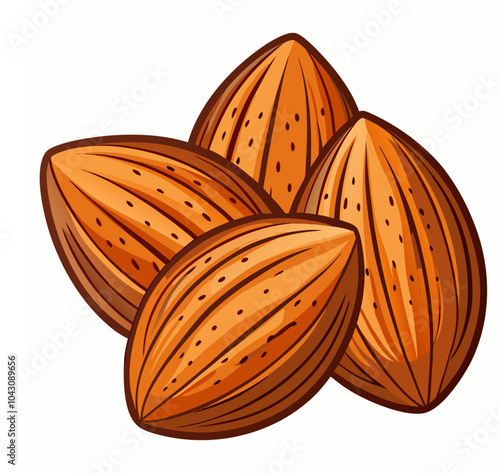 Vector illustration of three almonds, focusing on their detailed texture in a cartoon flat style. Delicious raw vegan healthy food outline and almond icons.