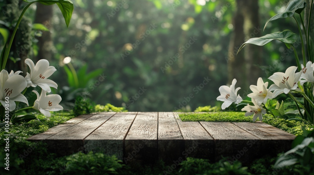 A serene forest scene featuring a wooden platform surrounded by lush greenery and white flowers. A serene forest scene featuring a wooden platform surrounded by lush greenery and white flowers.